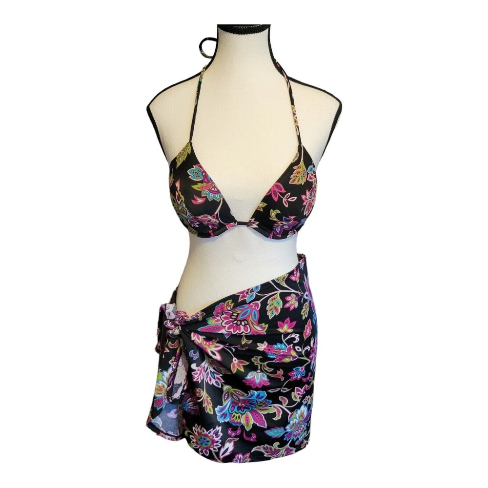 Victoria's Secret 2 Piece Bikini with Sarong Black & Floral Print Size 36B Large
